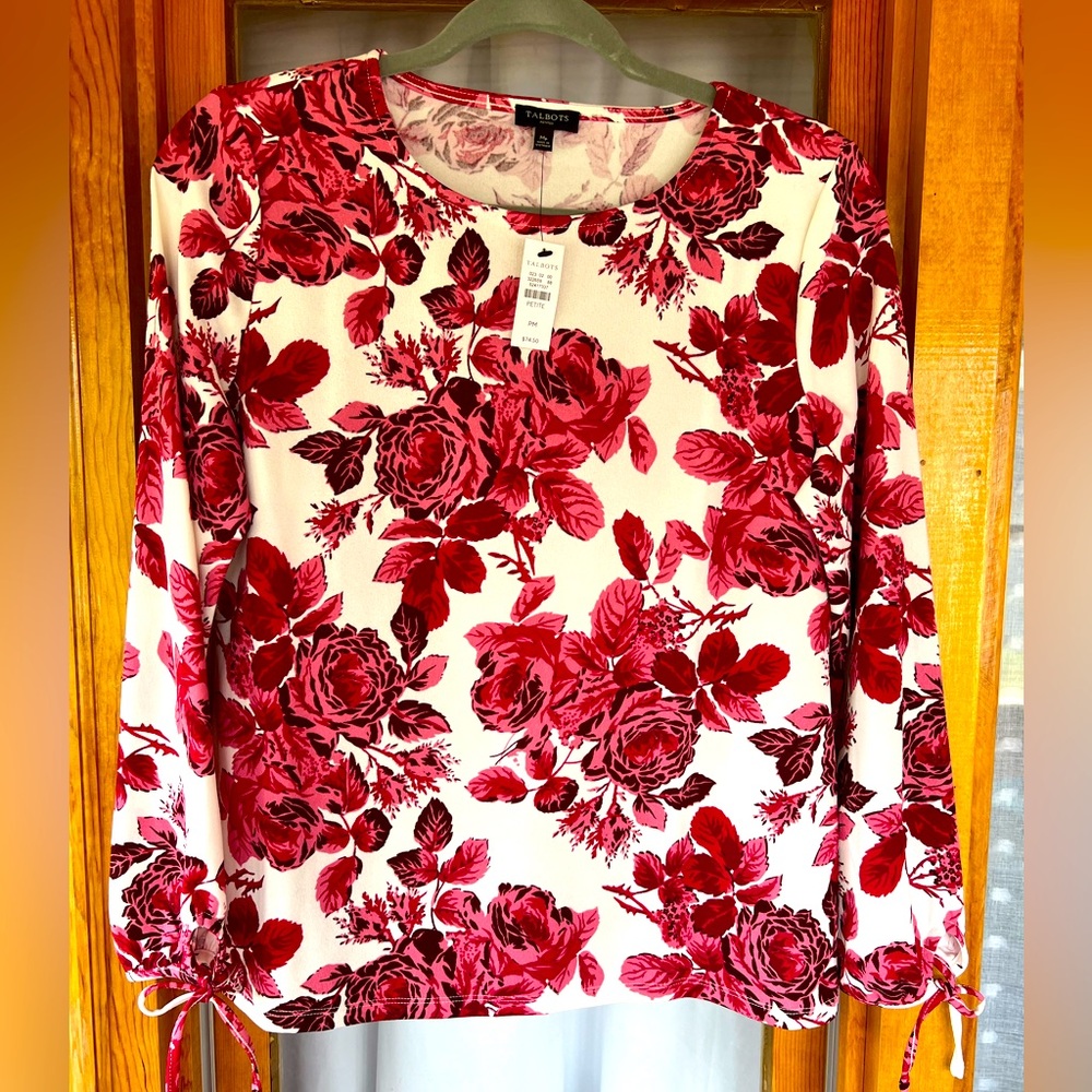Talbots Tunic Shirt Petite Medium Red Roses NEW WITH TAGS
